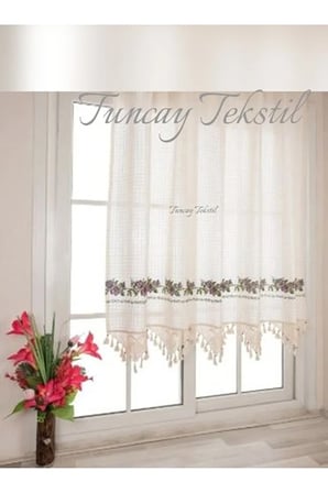 Kırmızı Kanaviçeli Buldan Işi Kanaviçe El Dantelli Kaneviçeli Keten Perde 150 x 120