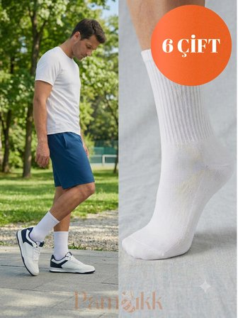 6 Çift Beyaz Fitilli Spor Çorap - Tenis Çorabı Unisex