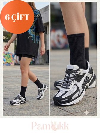 6 Çift Siyah Fitilli Spor Çorap - Tenis Çorabı Unisex