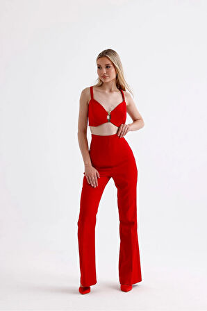 FemiChic Kırmızı Tokalı Büstiyer ve Pantolon Takım