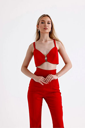 FemiChic Kırmızı Tokalı Büstiyer ve Pantolon Takım
