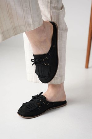Süet Loafer Terlik Püsküllü Bağcıklı Günlük Makosen Mule Sabo Terlik