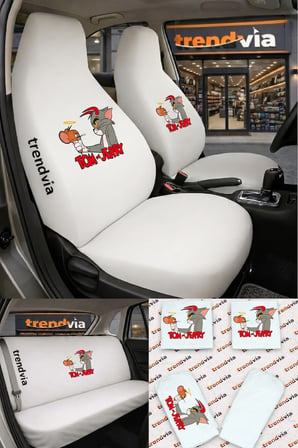 Tom ve Jerry Logolu Oto Koltuk Kılıfı Ön Arka Set – Penye Likralı Universal Koltuk Koruyucu Servis Kılıfı