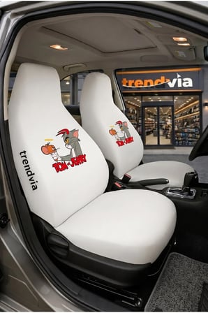 Tom ve Jerry Logolu Oto Koltuk Kılıfı Ön Arka Set – Penye Likralı Universal Koltuk Koruyucu Servis Kılıfı