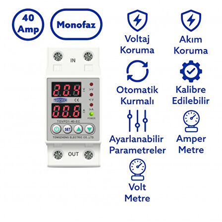 Tomzn Voltaj ve Akım Koruma Rölesi Yüksek Alçak Gerilim Koruyucu Monofaz 40A Elektrik Bekçisi