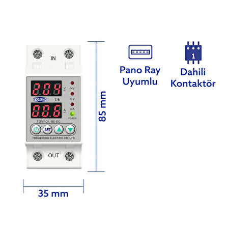 Tomzn Voltaj ve Akım Koruma Rölesi Yüksek Alçak Gerilim Akım Koruyucu Monofaz 80A