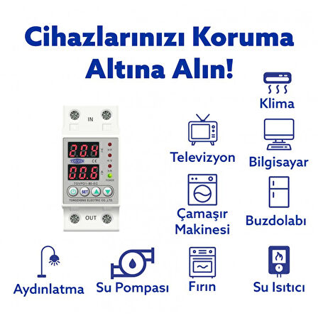 Tomzn Voltaj ve Akım Koruma Rölesi Yüksek Alçak Gerilim Akım Koruyucu Monofaz 80A