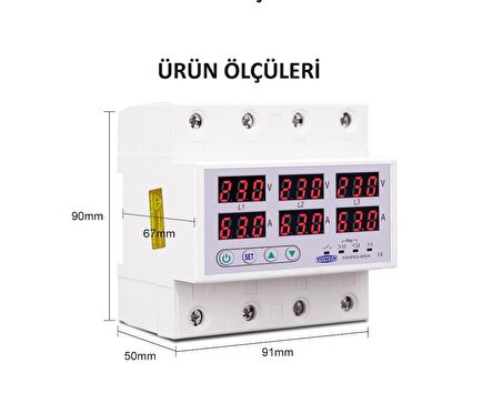 TOMZN Ayrışık Gerilim Ve Akım Koruma Yıldırım Koruyucu 220V 63A 3 Fazlı - Ev Tipi