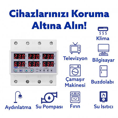 Tomzn Gerilim Ve Akım Koruma Rölesi Voltaj Koruyucu 63A 3 Fazlı - Ev Tipi - Ayrışık Faz Koruma