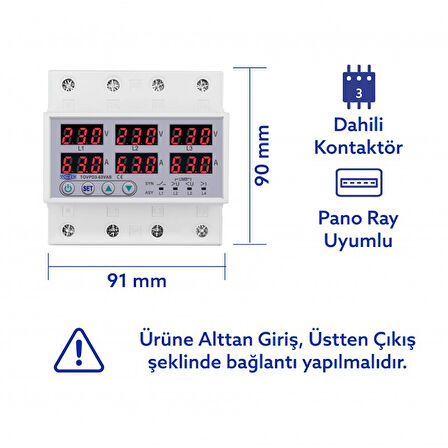Tomzn Gerilim Ve Akım Koruma Rölesi Voltaj Koruyucu 63A 3 Fazlı - Ev Tipi - Ayrışık Faz Koruma