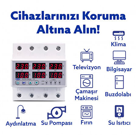 Tomzn Ayrışık Voltaj ve Akım Koruma Rölesi Gerilim Koruyucu 100A 3 Fazlı - Ev Tipi Trifaz