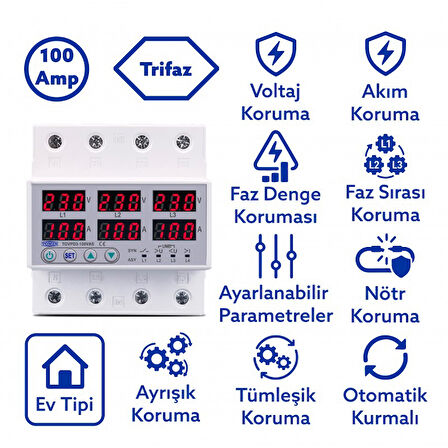 Tomzn Ayrışık Voltaj ve Akım Koruma Rölesi Gerilim Koruyucu 100A 3 Fazlı - Ev Tipi Trifaz
