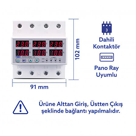 Tomzn Ayrışık Voltaj ve Akım Koruma Rölesi Gerilim Koruyucu 100A 3 Fazlı - Ev Tipi Trifaz