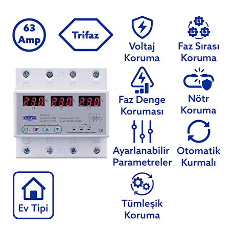 Tomzn Voltaj Koruma Rölesi Koruyucu Röle 220V 63A 3 Fazlı - Ev Tipi Trifaz