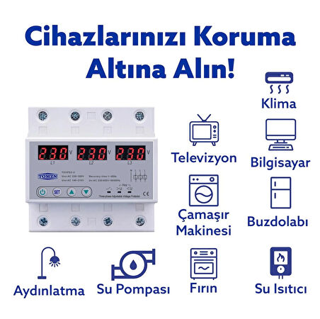 Tomzn Voltaj Koruma Rölesi Koruyucu Röle 220V 63A 3 Fazlı - Ev Tipi Trifaz