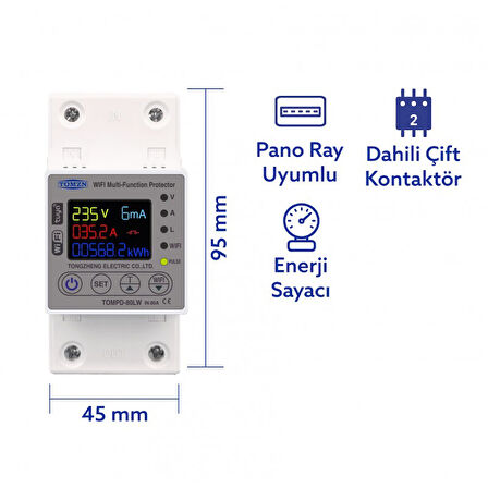 Tomzn Akıllı Kaçak Akım Rölesi ve Voltaj Akım Koruyucu Röle Gerilim 80A Monofaz (10mA-99mA)