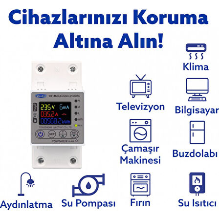 Tomzn Akıllı Kaçak Akım Rölesi ve Voltaj Akım Koruyucu Röle Gerilim 80A Monofaz (10mA-99mA)
