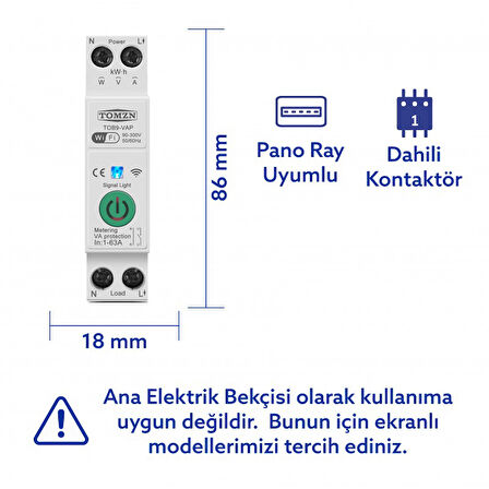 Tomzn Akıllı Voltaj ve Akım Koruma Rölesi, WiFi Özellikli Dahili Enerji Ölçer 63A - Akıllı Sigorta
