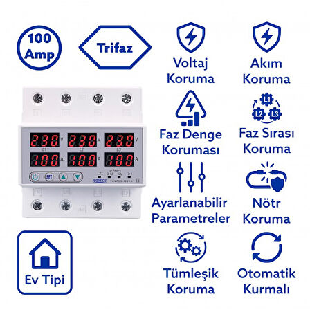 Tomzn Trifaz Gerilim ve Akım Koruma Rölesi Yüksek Alçak Voltaj Koruyucu Röle 220V 100A 3Faz