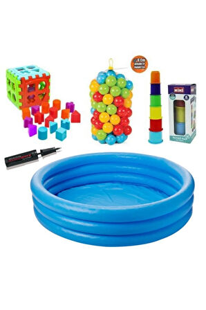 Eğitici Bebek Oyuncakları Seti Şişme Havuz 102cm- Top - Bultak - Mini Kule - Pompa