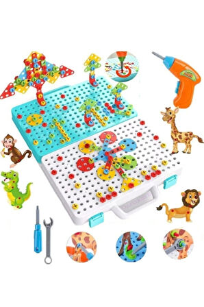 Çantalı Pilli Matkap 3d Puzzle Mozaik Hayvanlar Puzzle Eğitici Yapı Oyuncakları