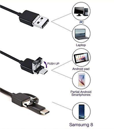 Endoskop 3 in 1 Yılan Kamera USB Micro Usb Type-C 5M Sert Kablo
