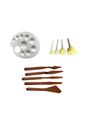 Resim Paleti + Sünger Tampon Fırça 4'lü + Plastik Spatula 4'lü Set