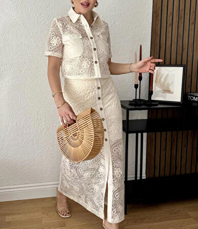 Örgü Ajurlu Astarlı Beyaz Etek Gömlek Takım - Zarif Ve Dikkat Çekici