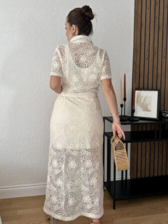 Örgü Ajurlu Astarlı Beyaz Etek Gömlek Takım - Zarif Ve Dikkat Çekici