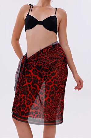 İç Gösterir Transparan Pareo - Kırmızı Leopar Model 150x95 Cm