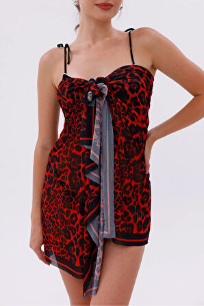 İç Gösterir Transparan Pareo - Kırmızı Leopar Model 150x95 Cm