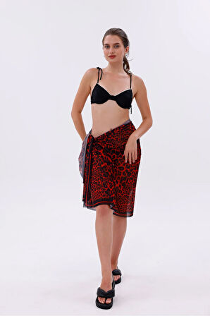 İç Gösterir Transparan Pareo - Kırmızı Leopar Model 150x95 Cm