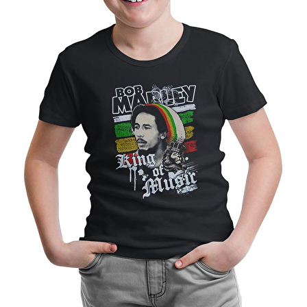 Bob Marley - King of Music Siyah Çocuk Tshirt