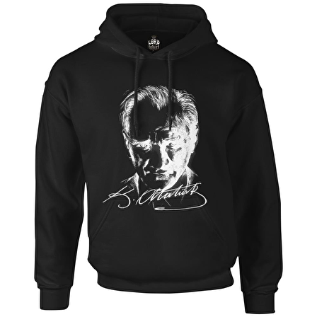 Atatürk - Portre Siyah Erkek Fermuarsız Kapşonlu