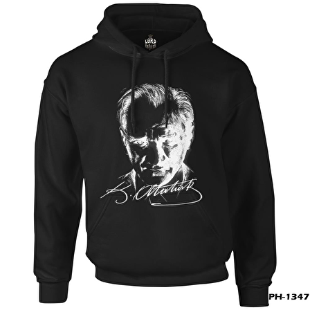 Atatürk - Portre Siyah Erkek Fermuarsız Kapşonlu