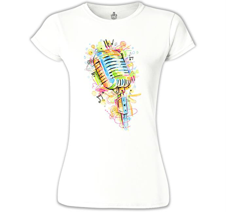 Mikrofon - Notalar Beyaz Bayan Tshirt