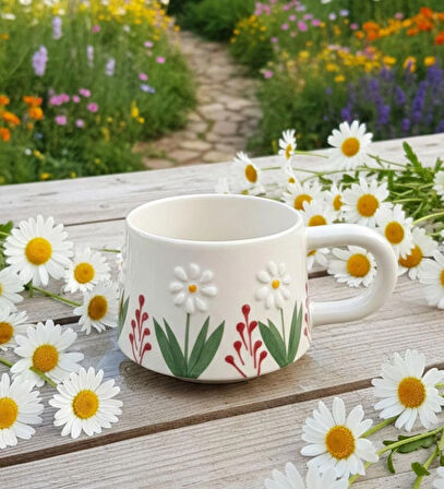 Papatya Bahçesi Kabartma Desenli El Yapımı 2 Kişilik 175 ml Seramik Kupa Bardak