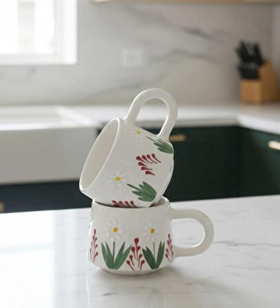 Papatya Bahçesi Kabartma Desenli El Yapımı 2 Kişilik 175 ml Seramik Kupa Bardak