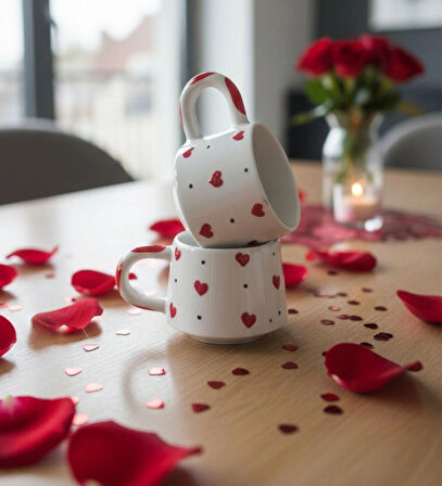 Kabartma Kalp Desenli 2 Kişilik Seramik El Yapımı Kupa Bardak Seti