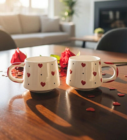 Kabartma Kalp Desenli 2 Kişilik Seramik El Yapımı Kupa Bardak Seti