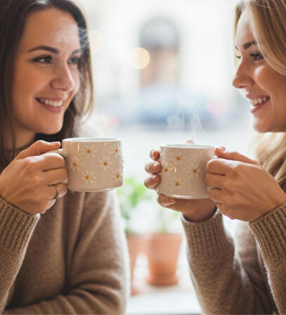 Kabartma Papatya Desenli 2 Kişilik El Yapımı Seramik Kupa Bardak Seti
