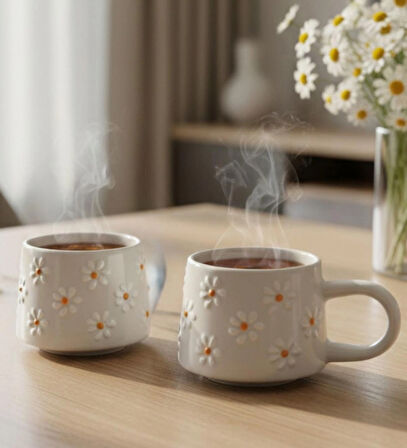 Kabartma Papatya Desenli 2 Kişilik El Yapımı Seramik Kupa Bardak Seti