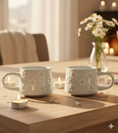 Kabartma Papatya Desenli 2 Kişilik El Yapımı Seramik Kupa Bardak Seti