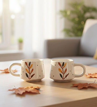 Kabartma Sonbahar Desenli 2 Kişilik Seramik El Yapımı Kupa Bardak Seti