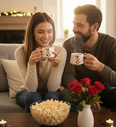 Kabartma Sonbahar Desenli 2 Kişilik Seramik El Yapımı Kupa Bardak Seti