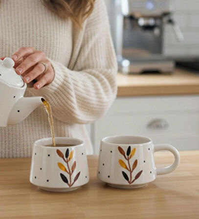 Kabartma Sonbahar Desenli 2 Kişilik Seramik El Yapımı Kupa Bardak Seti