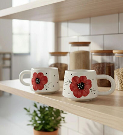 Kabartma Çiçek Desenli 2 Kişilik El Yapımı Seramik Kupa Seti