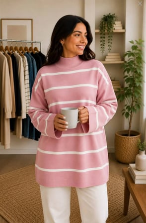  Kadın Çizgili Balıkçı Yaka Triko Kazak Oversize Modern ve Şık