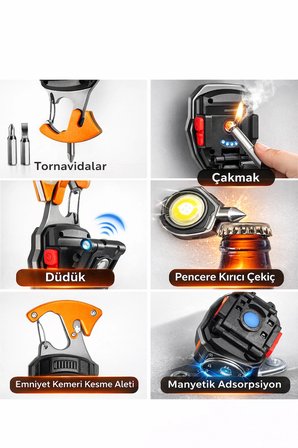 Çok Fonksiyonlu Şarjlı LED El Feneri | Acil Durum Kurtarma Aracı | USB Şarjlı | Emniyet Kemeri Kesici | Cam Kırıcı | Çakmaklı