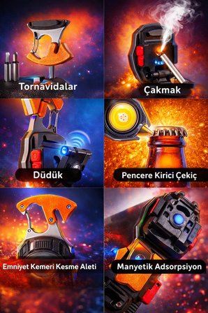 Çok Fonksiyonlu Şarjlı LED El Feneri | Acil Durum Kurtarma Aracı | USB Şarjlı | Emniyet Kemeri Kesici | Cam Kırıcı | Çakmaklı